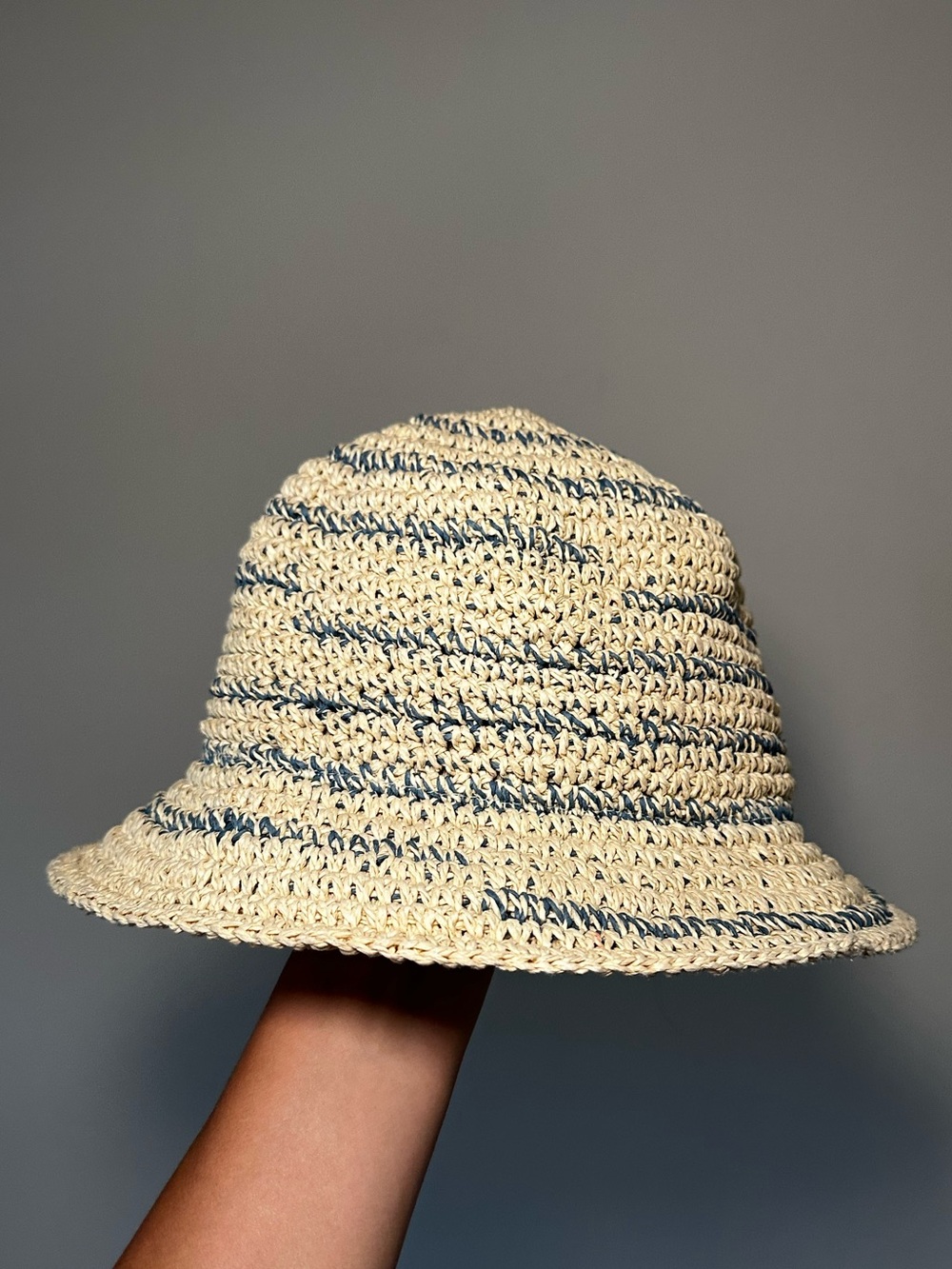 Straw Crochet Bucket Hat in Cream with Blue Stripes